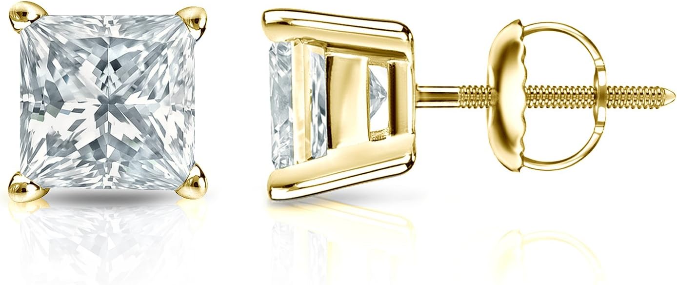 IGI Certified 1 to 5 Carat Princess Cut Lab Grown Diamond Stud Earrings for Women in 14k Gold or Platinum (E-F Color, SI1-SI2 Clarity, cttw) 4-Prong Setting Screw Back Square Studs by Diamond Wish