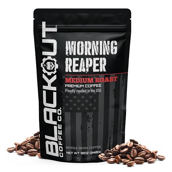 Blackout Coffee Morning Reaper Whole Bean Coffee Medium Roast, Bold & Smooth Flavor, Non-Bitter Freshly Roasted 12oz Bag.