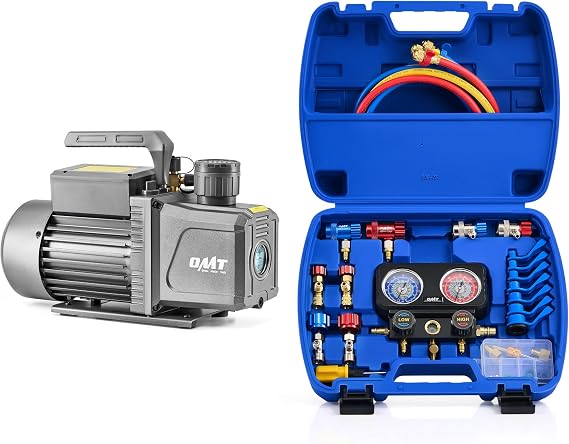 Orion Motor Tech 2 Stage Vacuum Pump & 3 Way Manifold Gauge Set for R1234yf R134a R410a Refrigerant, Bundle