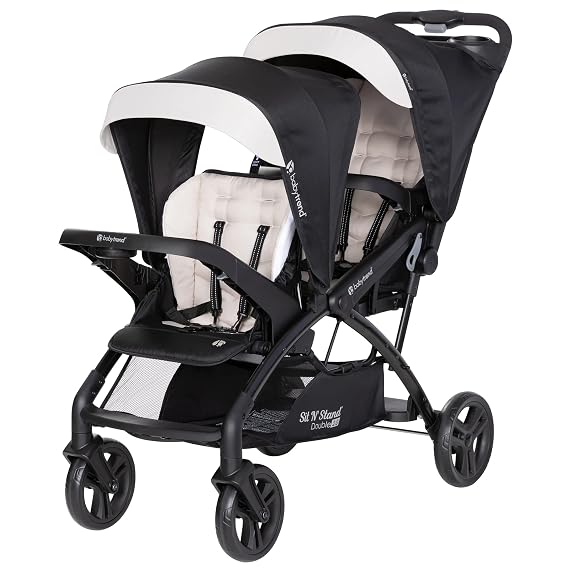 Baby Trend Sit N' Stand Tandem Double Stroller 2.0 DLX and 5 Point Safety Harness, Shaded Canopy, Storage Compartment, and 2 Cup Holders, Modern Khaki