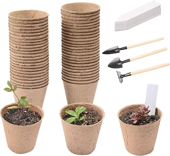 Peat Pots, 50 Pack 2.5 Inch Round Biodegradable Seed Starter Pots with 50 Plant Labels and 3 Transplant Tools,Small Nursery Pots for Vegetable,Succulents,Flower,Cutting,Seed,Transplanting