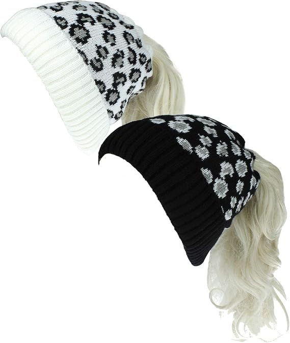 Chic Leopard Pattern Ponytail Beanie Hats Winter Knitted Warm Beanie Tail Soft Stretch Skull Cap for Women (2 Pack)