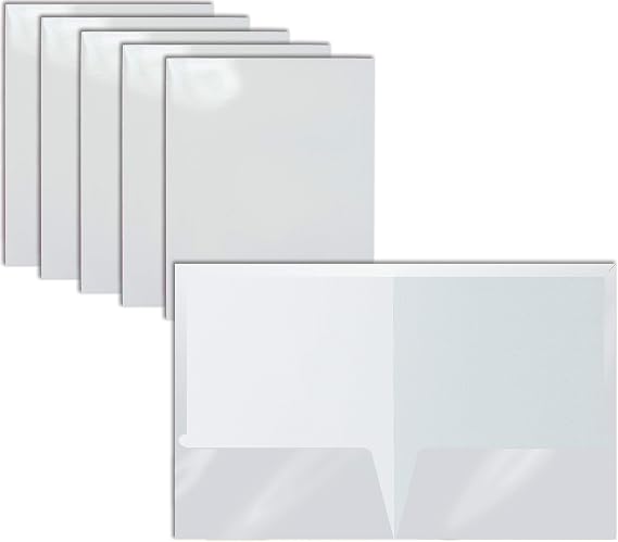 Better Office Products 2 Pocket Glossy Laminated White Paper Folders, Letter Size, 25 Pack, White Paper Portfolios, Box of 25