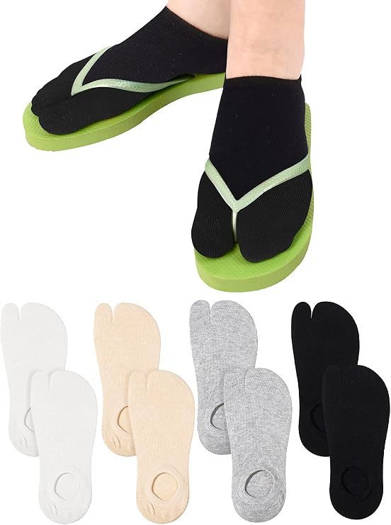 Sintege 4 Pairs Flip Flop Tabi Socks Set 2 Toe Low Cut Elastic Japanese Split Toe Ankle Crew Athletic Short Socks for Men Women Supplies
