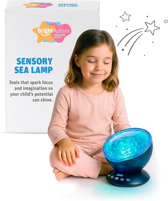 Bright Autism Calming Sensory Sea Lamp - Night Light Projector for Kids, 7 Light Modes, Color Changing Music Player, Nature Relaxation Sounds