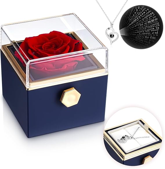 Rotating Preserved Rose Jewelry Box with Hidden Elegant Pendant Necklace | Timeless Love Keepsake | Perfect Romantic Gift