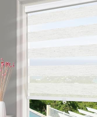 Cordless Window Shades Zebra Blinds Dual Layer Roller Sheer Shades Light Control for Windows and Home, 34 W x 72 H Faux Linen, Easy to Install
