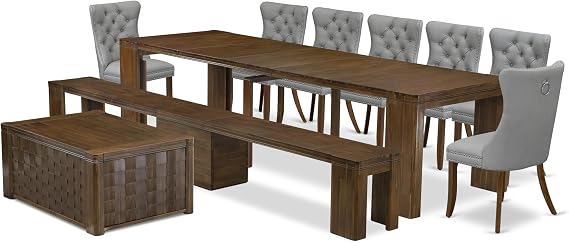 X07DA-BC8-27 10-Pc Dining Set includes an Extendable Rectangle Kitchen Table, 1 Coffee Table, 7 Polyester Dining Chairs and 1 Bench, 39x120 Inch, Antique Walnut