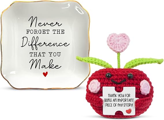 OASSIE Teacher Appreciation Gifts - 4"x4" Porcelain Jewelry Dish Tray & Handmade Positive Apple Crochet with Message Card - Teachers Day Graduation End of The Year Birthday Thank You Gifts for Women