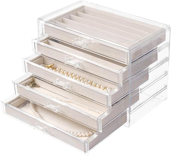 Yoobao Acrylic Necklace Jewelry Box with 5 Drawers, Removable Trays, Clear Large Jewelry Organizers and storage for Earrings Rings Bracelets, 5 Layer Makeup Organizer Display Case for Women Girls