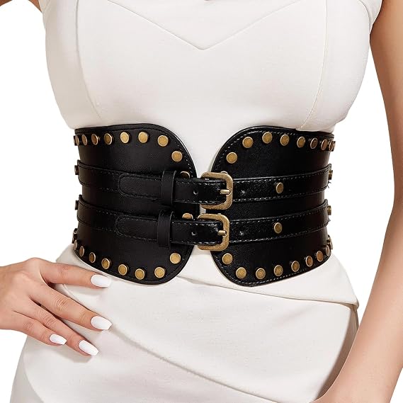Renaissance-Corset-Belt for Women Wide PU-Leather Waspie Waist Belt with Buckle for Dress Cosplay Halloween(S/M)