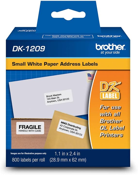 Brother DK-1209 Small Address Labels, White, 2 1/2" x 1 1/2", Roll of 800