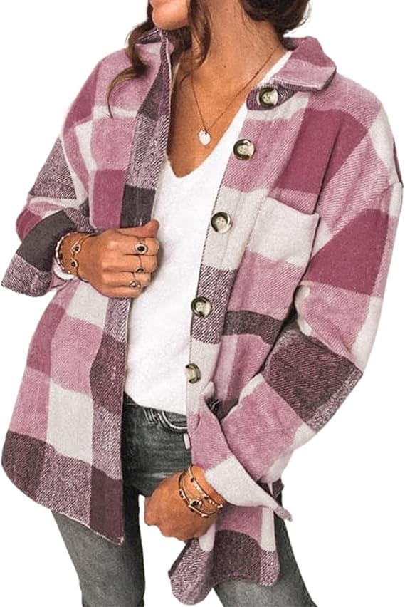 Blansdi Womens Flannel Shacket Plaid Button Down Long Sleeve Shirts Jacket Coats Fall Outfits Fashion Clothes 2025