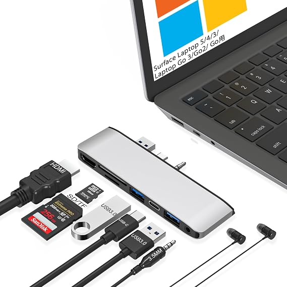Surface Laptop 6/5/4/3 Hub Docking Station, USB-C Hub with 4K@30Hz HDMI, 2xUSB 3.0, USB-C, SD/TF Card Slot, 3.5mm Audio for Surface Laptop 6/5/4/3/Laptop Go 3/Go2/Go
