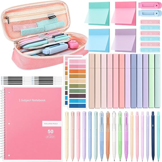 55Pcs Aesthetic School Supplies with Pen Case Preppy Stationery Set | College Essentials Back to School Supplies with Notebook Pastel Highlighters Pens Mechanical Pencils for Students