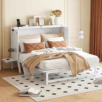Queen Murphy Bed Chest Desk with Side Shelves & Front Table, Modern Cube Cabinet Wall Bed Frame with USB ports, Outlets & Solid Wood Frame for Small Space, Guest Room, Apartment, Cream White
