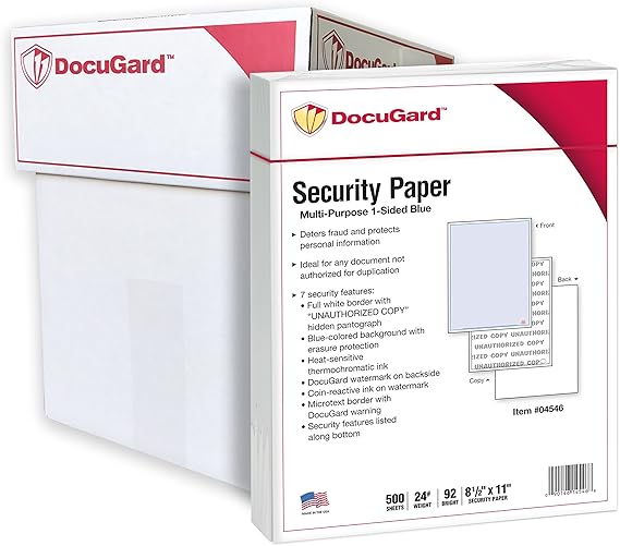 DocuGard Advanced Blue Multi-Purpose Security Paper, 7 Features, 8.5 x 11 Inches, 24 lb, 2500 Sheets (04546C)