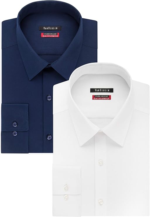 Van Heusen Men's Flex Collar Slim Fit Stretch Dress Shirt, White/Night Blue, 17" Neck 36"-37" Sleeve