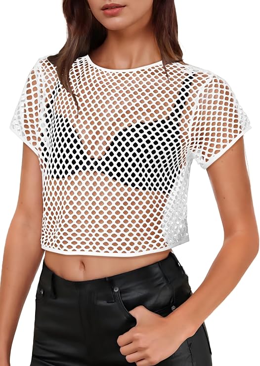 Womens Sheer Mesh Top Fishnet T Shirts Short Sleeve See Through Crop Tops
