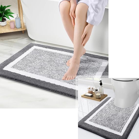 OLANLY Bath Mat U-Shaped Bathroom Rug and Toilet Rug Bundle, Dark Grey, 30x20 and 24x20 inches