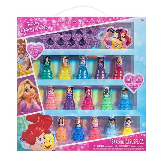 Disney Princess Nail Polish Set, 15-Piece Peel-Off with Toe Spacers
