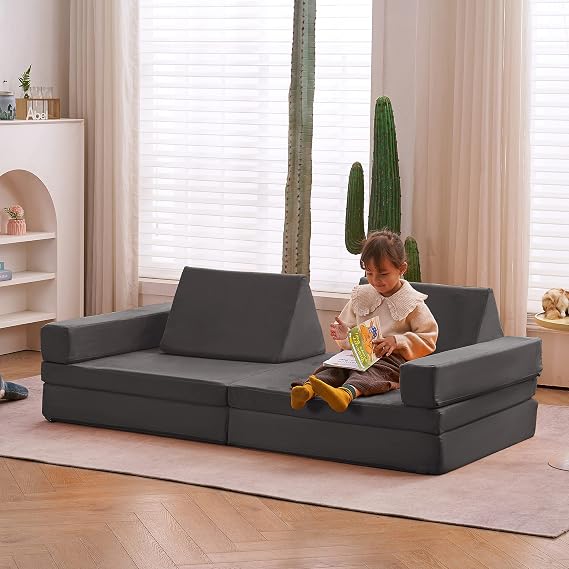 jela Kids Play Couch Extended Size 8PCS for Family, Floor Modular Foam Play Sofa for Kids Adults, Playhouse Play Set for Toddlers, Modular Foam Play Couch Indoor 66" x 33" x 22" Darkgrey | durable foam