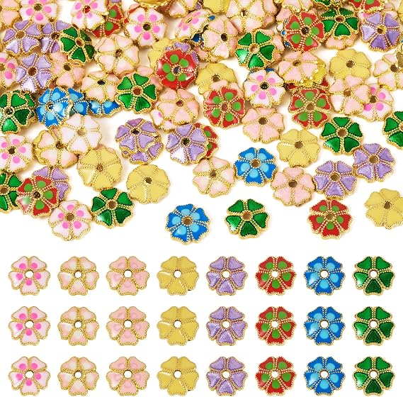 160Pcs 8.5mm Enamel Flower Bead Caps Golden 5-Petal Flower Beads Spacer Vintage Filigree Floral Metal Bead End Caps for Women DIY Crafts Earring Bracelet Jewelry Making