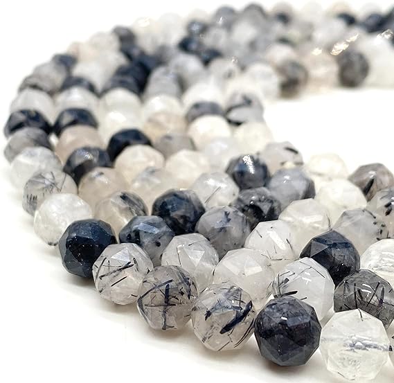ABCGEMS Brazilian Black Rutilated Quartz Beads (Advanced Star Incision Technique for Optimal Light Dispersion & Sparkle) Chakra Energy Diamond-Cut Double-Hearted Satellite 8mm