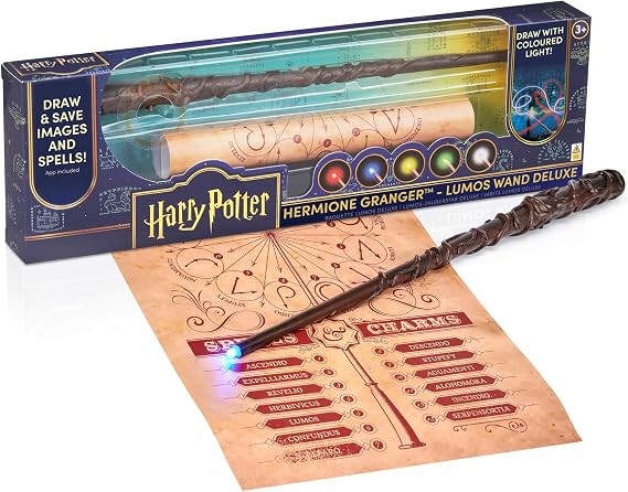 Wizarding World: Deluxe Lumos Wand - Hermoine Granger - 14" Hand-Painted Replica, LED Tip, Spell Poster, Collectible Harry Potter Toy, App Photo Play