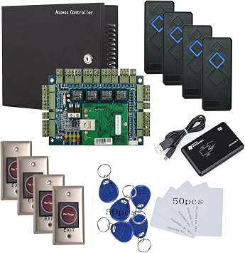Security Wiegand TCP/IP RFID 4 Doors Access Control System Kit Metal AC110-240V Power Supply Box No-Touch Exit+Weather Proof Reader