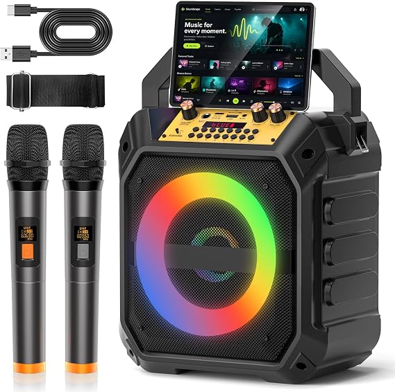 45W Karaoke Machine for Adults Built-in Coaxial Speaker with 2 Wireless Mics for Singing, Bluetooth PA System,4000mAh Battery,LED Lights & Multi-Mode Playback for Home/Outdoor Fun, Black