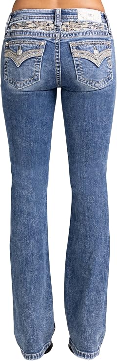 Miss Me Women's Peacock Feather Embellished Faux Flap Pockets Mid-Rise Bootcut Jeans