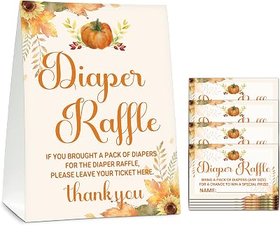 Diaper Raffle Baby Shower Game Set 1 Standing Sign  50 Finding Cards, Happy Fall Thanksgiving Day Diaper Raffle Tickets for Baby Shower, Autumn Little Pumpkin Gender Reveal Party Favor Decor C02