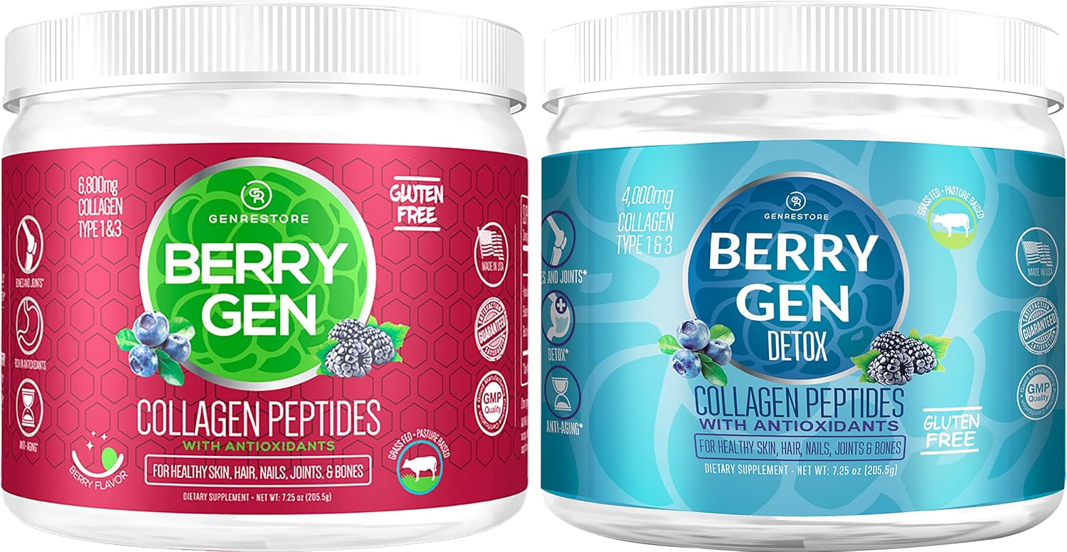 Restore and Detox Collagen Peptides Powder Bundle - Natural Dual Action Formula - 30 Servings - Supports Hair, Skin, Digestion, Gut and More - Made in The USA