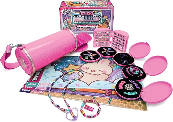 Sky Castle Sticki Rolls Sticki Rolluxe Series 2 - The Original Wearable Shareable Glam Handbag and Craft Kit | Includes 3 Jumbo Stickies, Supplies for 10 Toy Bracelets & 2 Pendants (Pink)