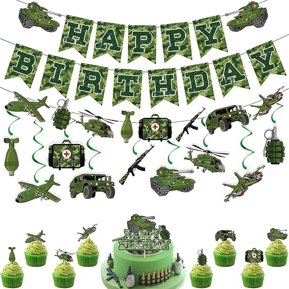 20 Pcs Camouflage Army Party decoration Birthday Party, Cake with 3D Paper Centerpiece Camouflage Spiral Hanging Decoration Cake Planting Flag