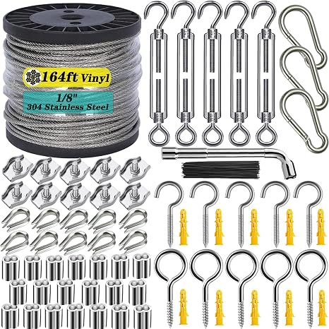 Roxanned 164FT Vinyl Coated Wire Rope Kit 1/8" Steel Cable with Turnbuckles