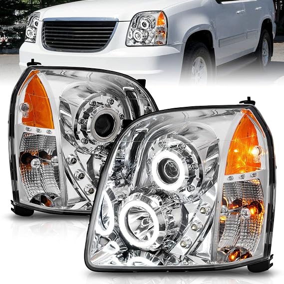 AmeriLite For 2007-2014 GMC Yukon XL Denali Xtreme LED Halo Chrome Projector Headlights Assembly Set - Driver and Passenger Side