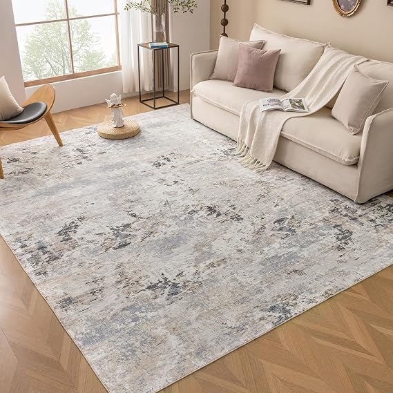 VKLIVING Large Washable Rug 8x10 Abstract Area Rug for Living Room Bedroom Dinning Room, Soft Low Pile Lightweight Non Slip Machine Washble for High Traffic Home Decor, Multi-Brown