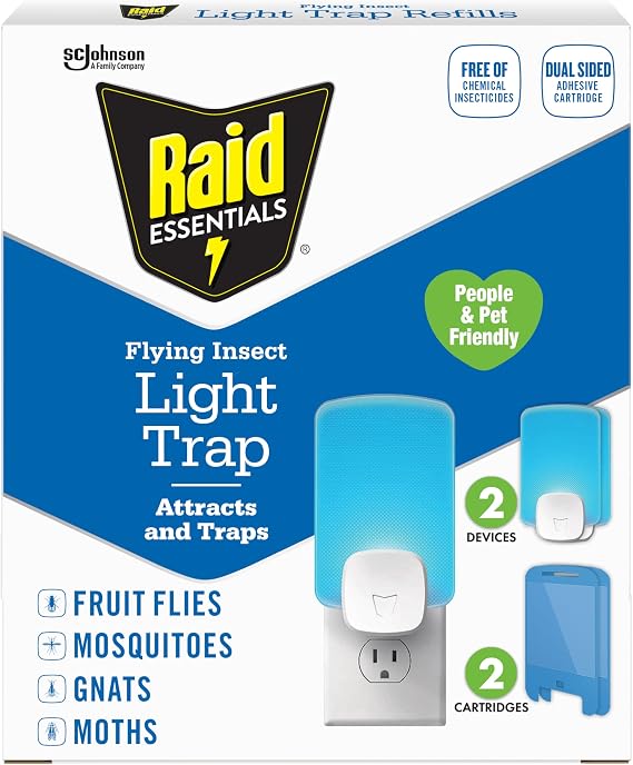 Raid Essentials Flying Insect Light Trap Starter Kit, 2 Plug-in Devices + 2 Cartridges, Featuring Light Powered Attraction