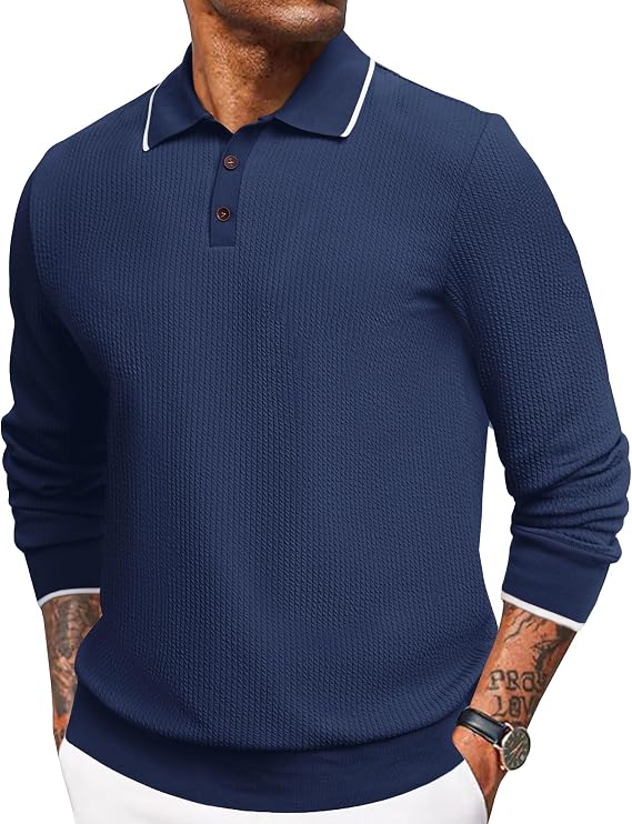 Angbater Mens Casual Polo Shirt Long Sleeve Textured Button Collared Polo Knit Stretchy Golf Pullover Sweaters
