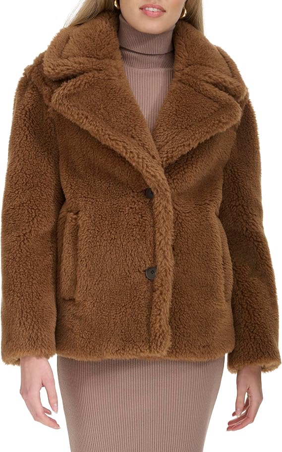 Cole Haan Women's Cozy Teddy Faux Fur Long Sleeve Button Front Jacket