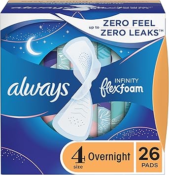 Always Infinity FlexFoam Pads for Women, Size 4, Overnight Absorbency, Unscented, 28 Count