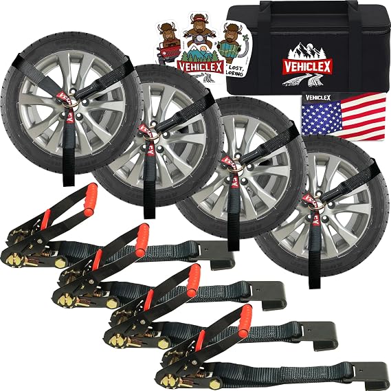 Vehiclex Lasso Wheel Tie Down Straps with Flat Hooks 4 Pack 2" x 10' Ratchet Straps, 11023 lbs Break Strength for Car Haulers & Trailers