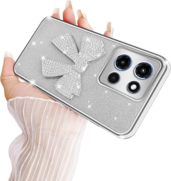 for Motorola Moto G Stylus 5G 2025 Case for Women Glitter Stylish Soft Clear TPU Luxury Cute 3D Bowknot Crystal Sparkly Protective Cover for G Stylus 5G 2026/2025/Edge 60 Stylus (Bowknot Silver)