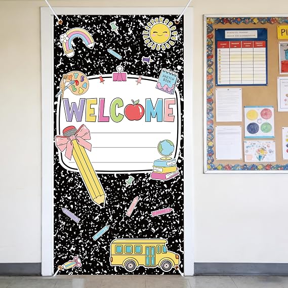 Composition Notebook Classroom Door Cover 70.9 x 35.4in Welcome Back to School Writable Door Decoration First Day of School Doors Hanging Backdrop Decoration for Classroom Wall Doors Porch Sign Decor