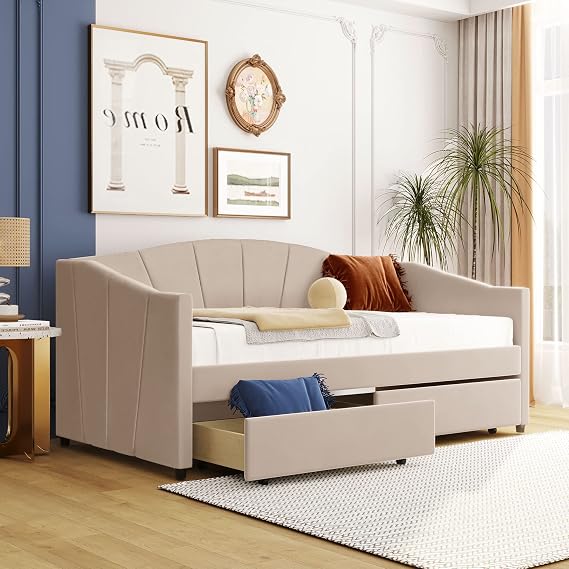 Upholstered Daybed with Two Storage Drawers, Twin Size Velvet Storage Sofa Bed Daybed with Backrest and Wood Slat Support (Beige)