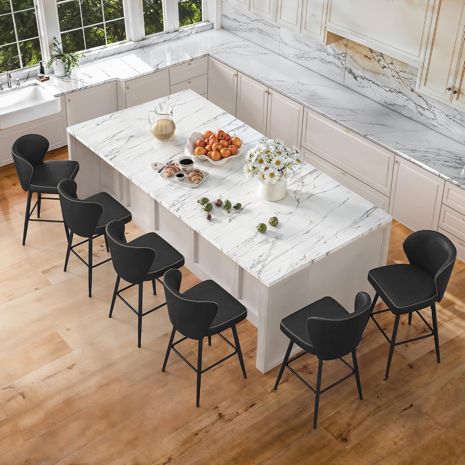 LUE BONA 26 Inch Swivel Bar Stools Set of 4, Counter Height Bar Stools with Back, Upholstered Counter Stools, Faux Leather with Stitching, Metal Legs, Easy Assembly, Black