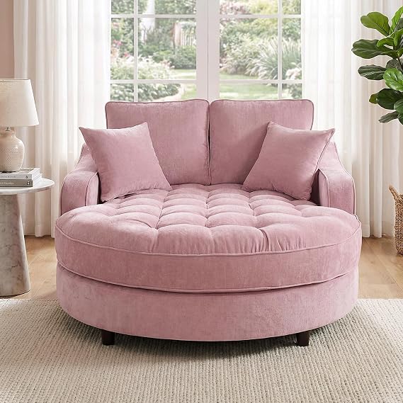 Christopher Knight Home 55 Inch Modern Chaise Lounge Sofa Bed, Upholstered Chenille Lounge Couch with Tufted Seat and Detachable Pillows Curved Accent Sofa for Living Room, Pink