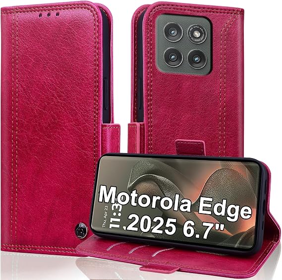 for Motorola Edge 2025 Case 6.7",Folio Flip PU Leather Wallet Cover with RFID Blocking Credit Card Holder,Card Holder Slots,Vintage Magnetism Moto Edge 2025 Phone Case for Business,Red